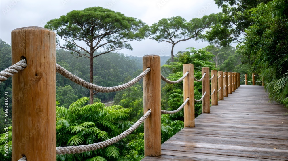 Obraz premium Wooden boardwalk railing winding through lush forest
