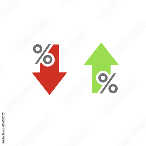Vector icons showing percentage increase and decrease. Green up arrow and red down arrow symbols for financial growth, loss, and market trends.