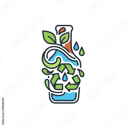 Eco science flask with water, leaves, and recycle symbol