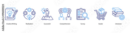 Creative Knowledge web banner vector illustration featuring Creative Writing, Realization, Successful, Comprehension, Survey, Goods, and Literature.