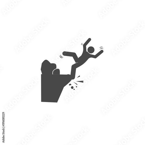 Minimalist vector stick figure icon of a person falling off a cliff. Modern warning symbol for heights, danger, landslides, and mountain safety.