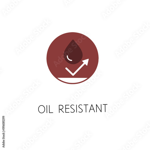 Minimalist vector icon for oil-resistant materials. A white droplet with a deflection arrow on a dark red circular base for industrial safety.