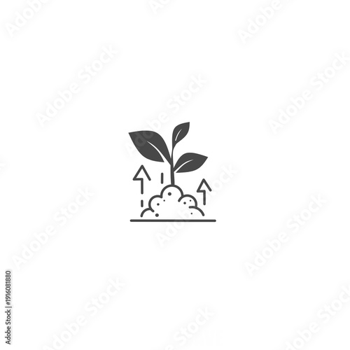 Minimalist vector icon of a thriving plant in soil with upward arrows. Modern symbol for intensive growth, agricultural success, and development.