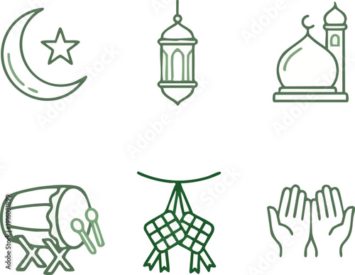 A set of six minimalist Islamic line art icons in a calming green hue, representing key symbols of Ramadan and Eid al-Fitr.