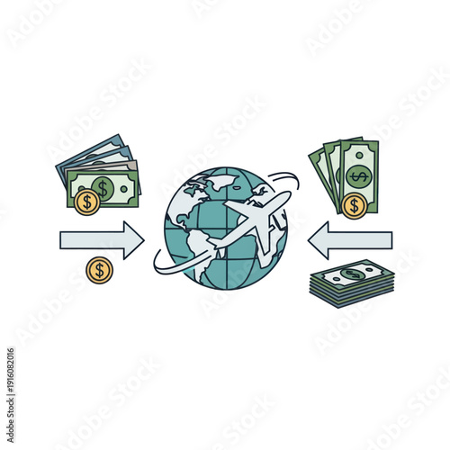 Global travel costs and international money exchange illustration
