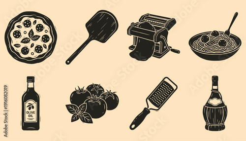 Vintage Italian Food and Cooking Pizza and Pasta Icons