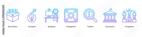 Business Development web banner vector illustration featuring New Product, Disruption, Workplace, Enlargement, Problem, Government, and Competitive.