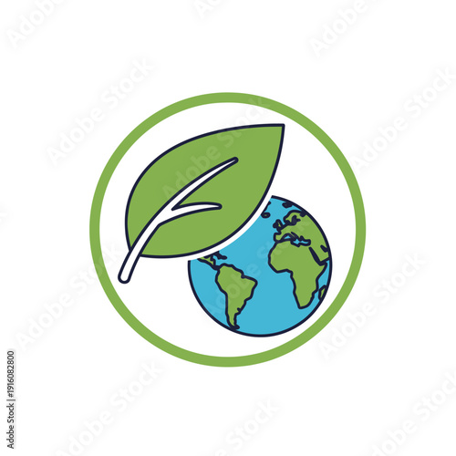 Green leaf protecting Earth globe in a circle