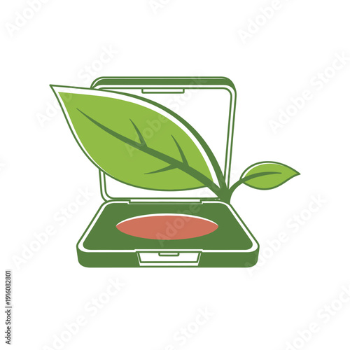 Green leaf in open compact case with natural makeup