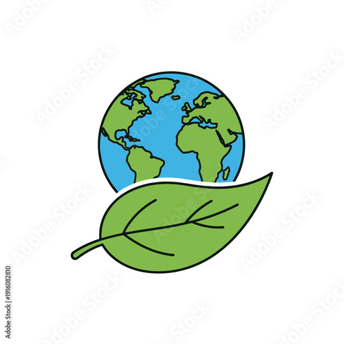 Green leaf protecting Earth globe on white background