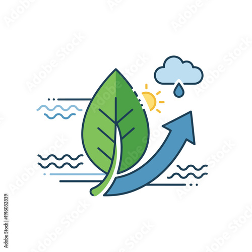Green leaf with sun, cloud, arrow for environmental cycle