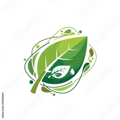Green leaf with water drop and swirling nature elements