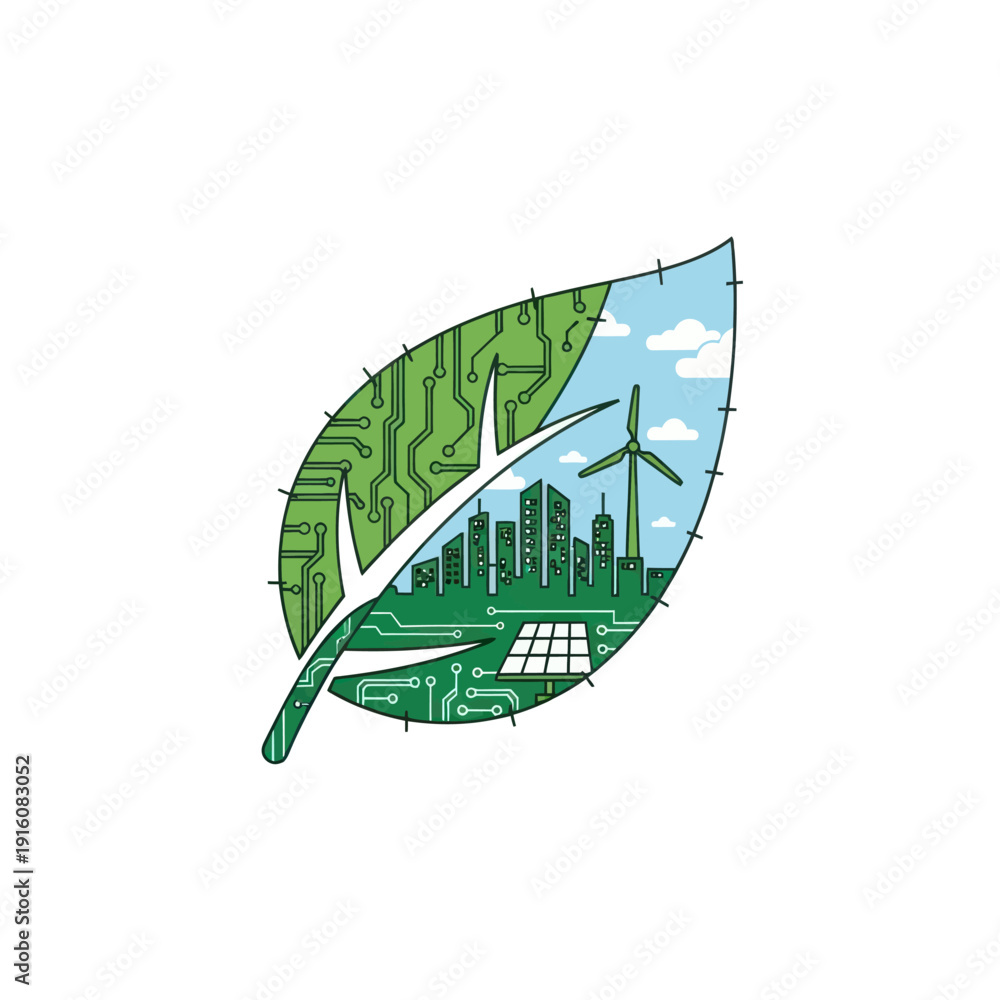 Obraz premium Green tech leaf with sustainable city, circuit board, renewable energy