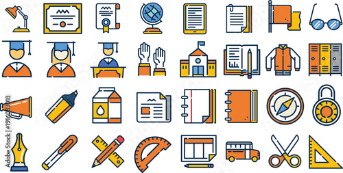Collection of Flat Design Icons Representing Education and School Supplies
