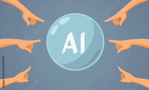 People Pointing to the Obvious Ai Bubble Vector Illustration. Skeptical crowd identifies the overinflated AI sector of technology