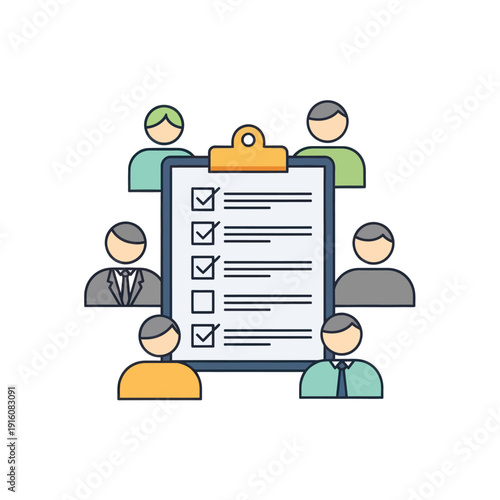 Group of people around checklist on clipboard for task management