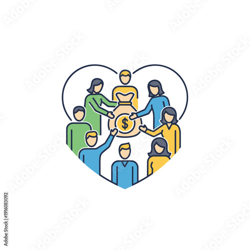 Group of people sharing money bag inside heart shape icon