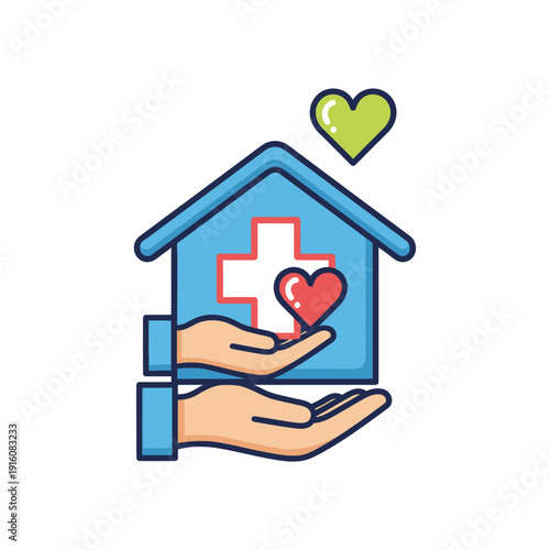 Hands holding a house with medical cross and hearts of care
