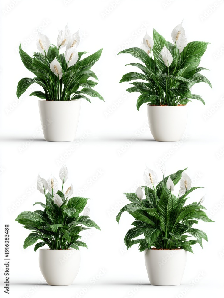 Obraz premium Four White Potted Peace Lily Plants with Dark Green Leaves on a White Background Studio Shot