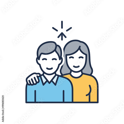 Happy couple with selection arrow icon on white