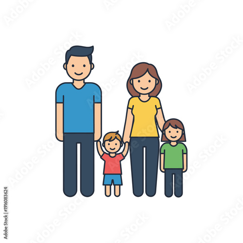 Happy family of four parents and two children standing