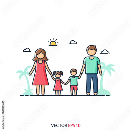 Happy family with two children holding hands outdoors.