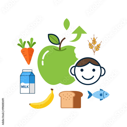 Healthy food illustration for child nutrition, growth, and development