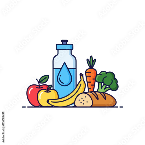 Healthy food and drink items illustration