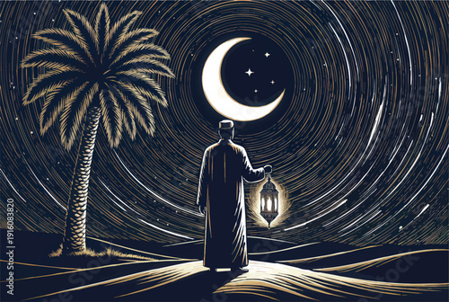 Man in traditional attire holding a lantern under a crescent moon.