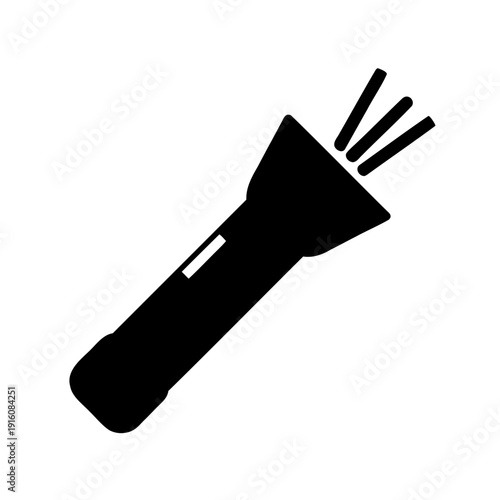 Black silhouette illustration of a flashlight shining brightly on a white background