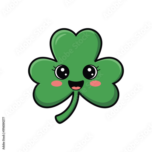A cartoon four-leaf clover with a smiling face and rosy cheeks