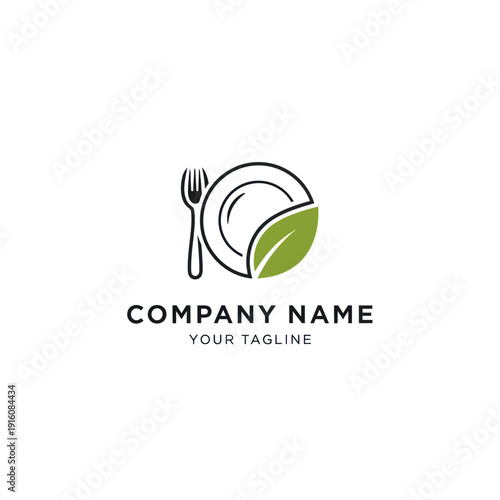Restaurant Logo with Plate Fork and Leaf.