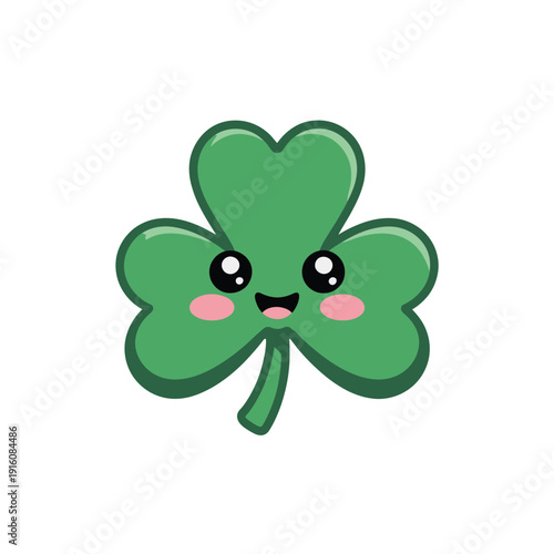 A cute cartoon four-leaf clover with a smiling face and rosy cheeks