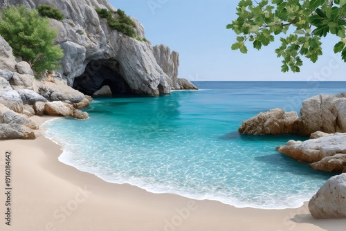 Turquoise clear water at exotic beach grotto cave