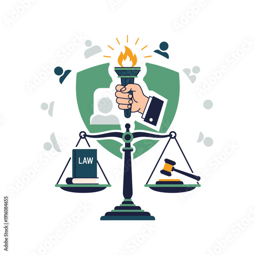 Justice balance scale with law book, gavel, and torch