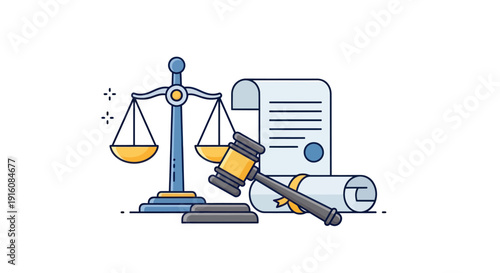 Justice scales, gavel, and law document flat illustration