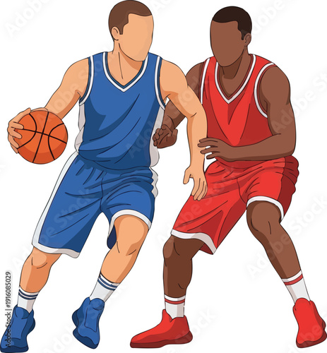 Two basketball players in action one dribbling the ball the other defending.