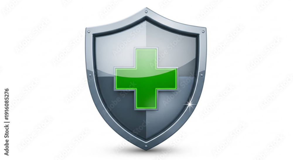 Obraz premium Medical shield icon with green cross symbol for healthcare protection and safety