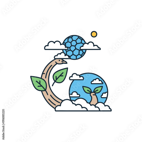 Letter G illustration with ecological theme, giraffe, planets, and sprouts