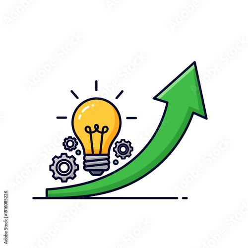 Lightbulb, gears, and green arrow illustrating business idea growth