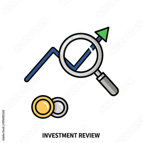 Magnifying glass examining investment growth graph with coins