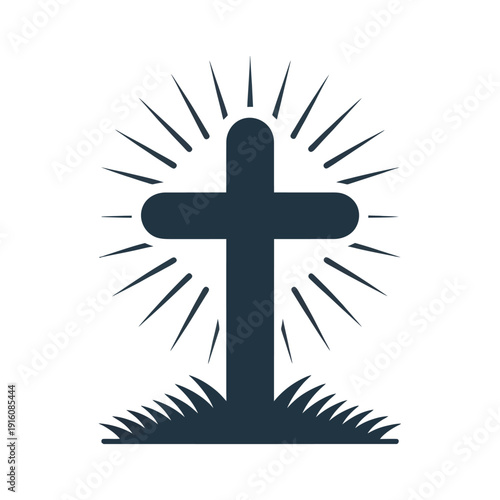 A dark blue cross symbol on a white background with sun rays