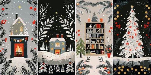 Four winter scenes depicting cozy houses bookshelves and christmas trees