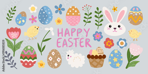 A colorful easter illustration featuring eggs bunnies and floral decorations