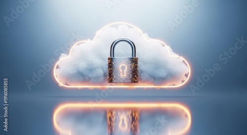 Secure cloud storage with locked padlock on glowing white cloud with reflection on blue background symbolizing data protection and cybersecurity