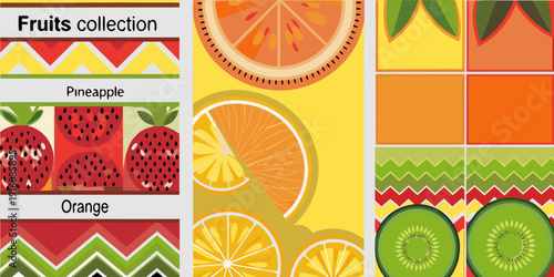 Colorful fruit collection featuring strawberries oranges pineapple and kiwi