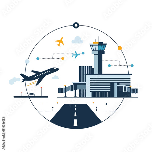 Modern airport with terminal building, control tower, and airplanes flying