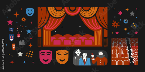 A vibrant illustration depicting a theater stage and associated dramatic elements