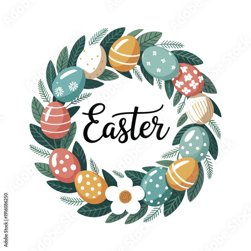 A colorful Easter wreath with decorated eggs and leaves on a white background