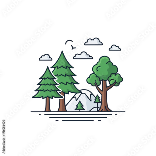 Natural forest landscape with pine trees, deciduous tree and mountains